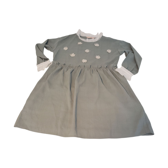 YOCO Dress Womens Small Sage Green Long Sleeve Ruffle Collar Floral Applique - Picture 5 of 16